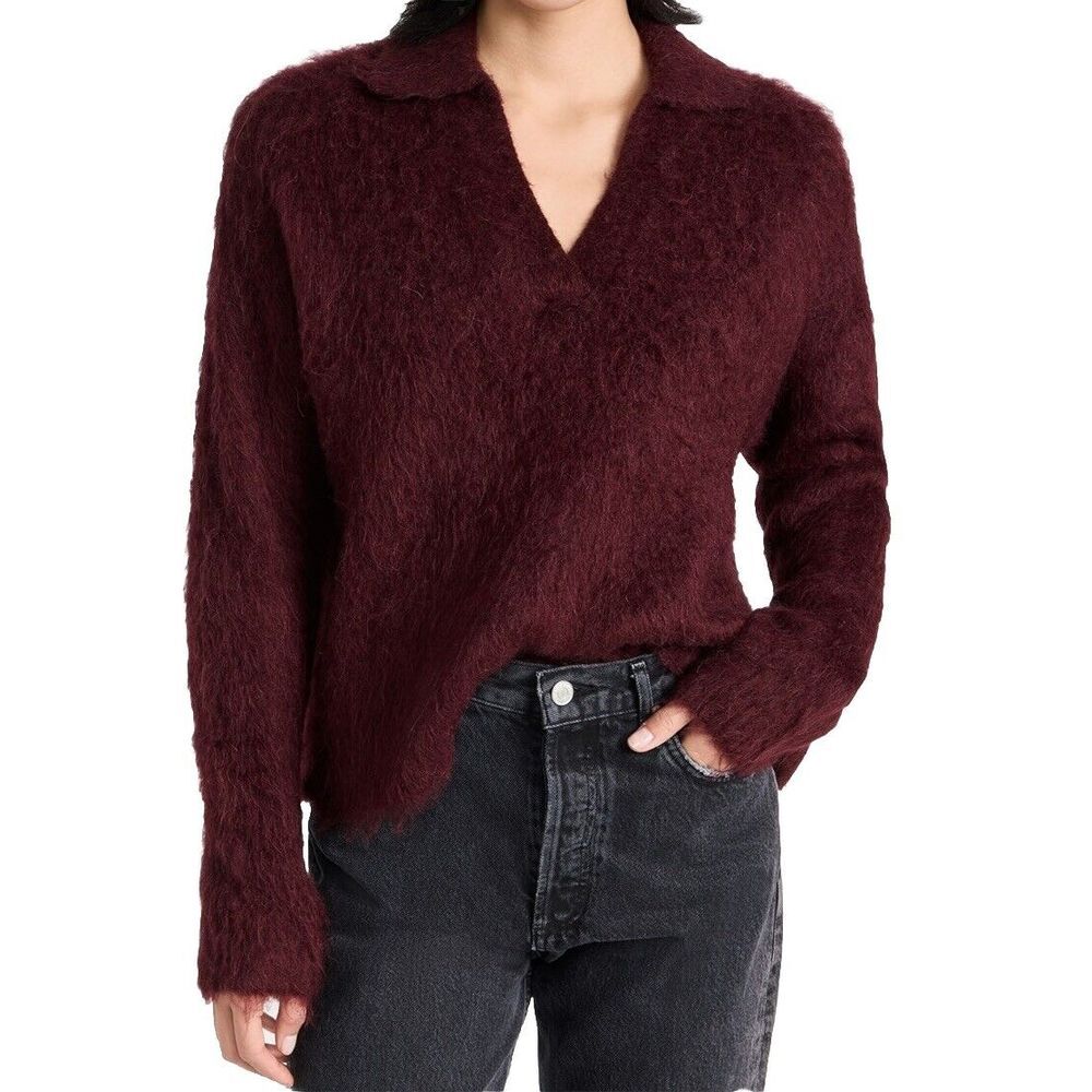 Madewell Brushed Polo Sweater Heather Currant Fuzzy Alpaca Pullover Size M NOWT